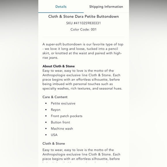 Cloth & Stone Dara Petite Buttondown NWT - Picture 4 of 8